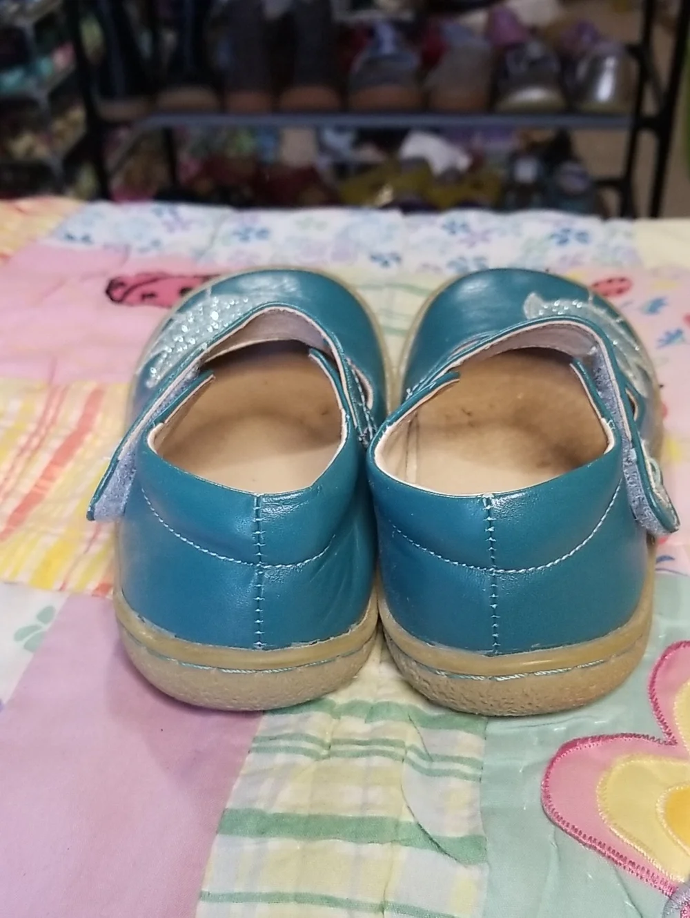 Livie & Luca Teal Soft  Leather Mary Jane Shoes with Glitter Bird Size 8 Pio Pio